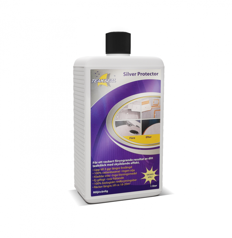 • Teakseal Silver Protect gir en beskyttende effekt på teakdekket ditt i lengre tid uten bruk av oljer og løsemidler. I motsetning til Teakseal Color Protect som inneholder fargepigmenter er Teakseal Silver Protect transparent og inneholder ikke pigmenter. Det gjør at teaken patineres/grånes natulig og beholder en lys og fin overflate fordi forurensninger ikke binder seg til trefibrene
• Teakseal Silver Protect varer opptil tre ganger lenger enn andre tradisjonelle teakoljer som fordamper i solen• Gi